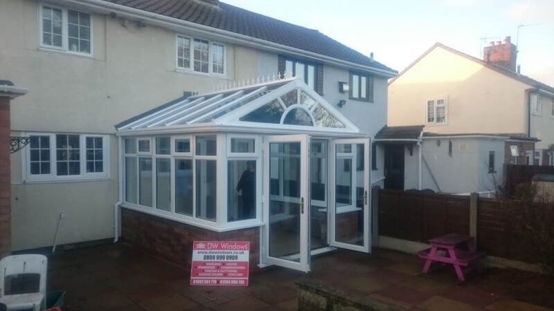 White uPVC gable conservatory with French doors